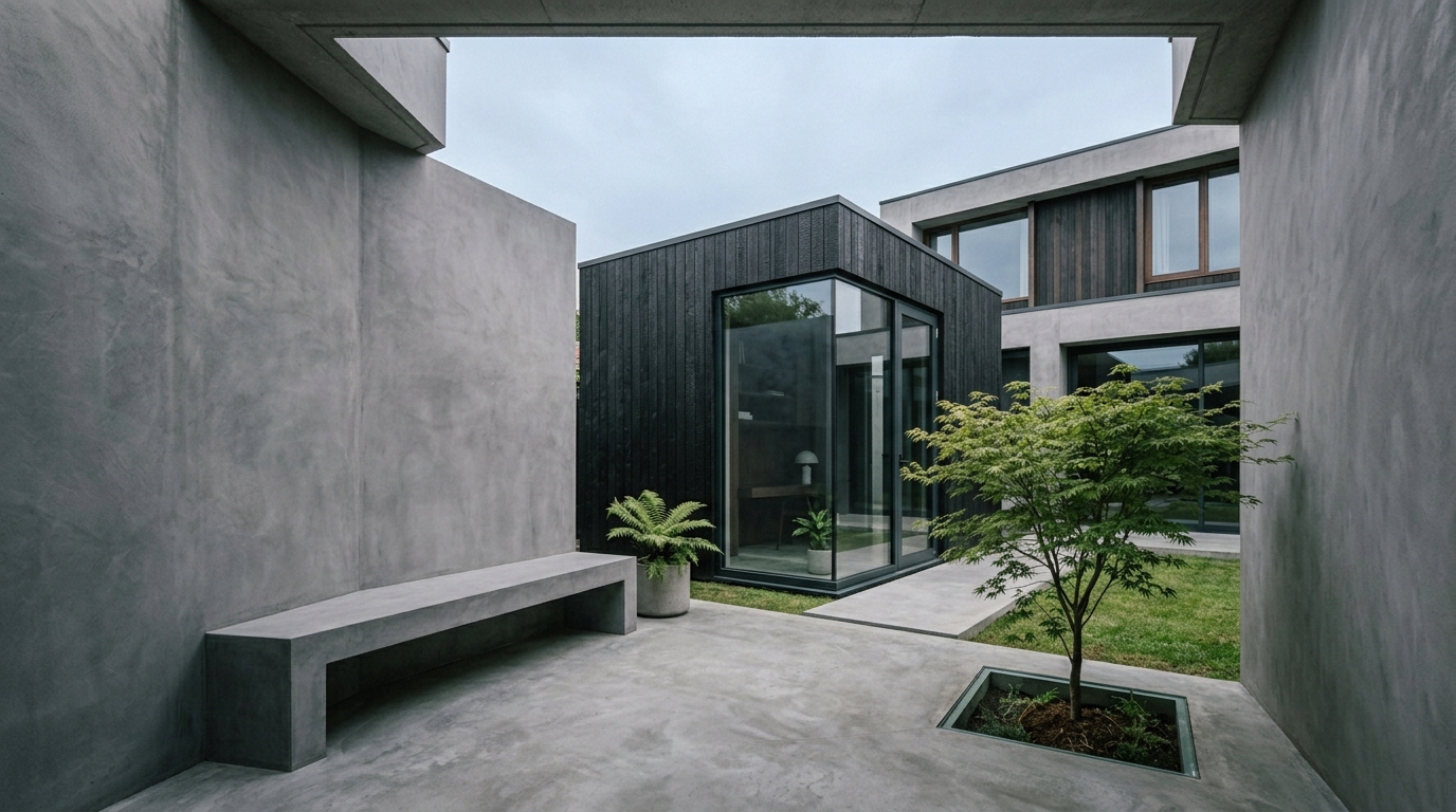 The Charred Cube minimalist pavilion and micro-cement walls
